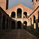 The portico of Sant'Ambrogio, Milan, on a rainy afternoon